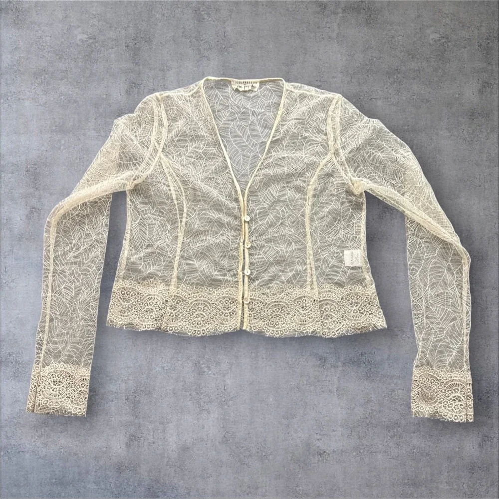 Nigel Preston for Free People Cardigan Womens L Cream Sheer Lace Leaf Boho